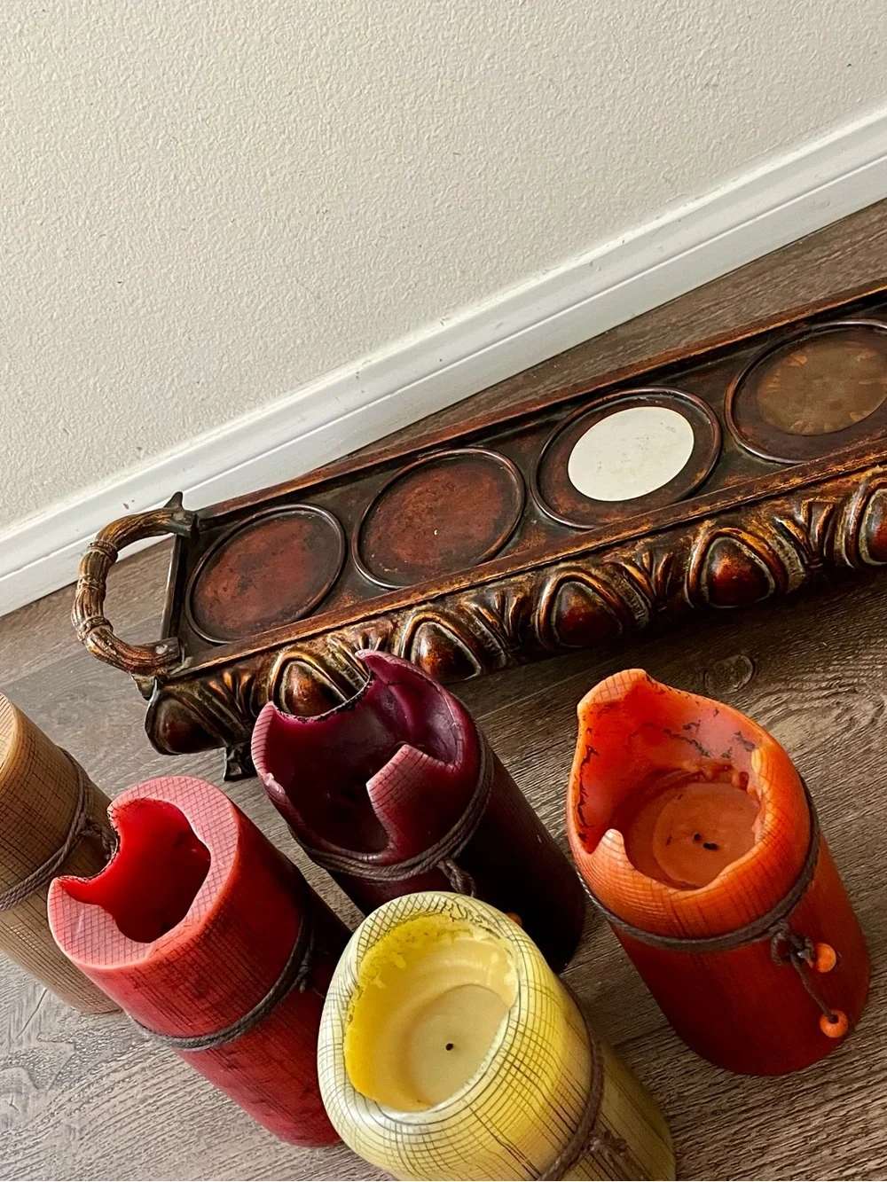 Decorative Multicolor Pillar Candle Set with Ornate Tray
